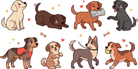 Cute cartoon dog breeds vector character collection with isolated playful puppies poses set for pet care kids nursery illustration sticker design © Mdjony