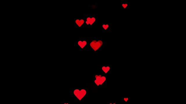 love hearts rising up, Valentine hearts floating animation on black background. Romantic red hearts flying up overlay 4k alpha channel. Valentine heart floating animation on transparent background. 
