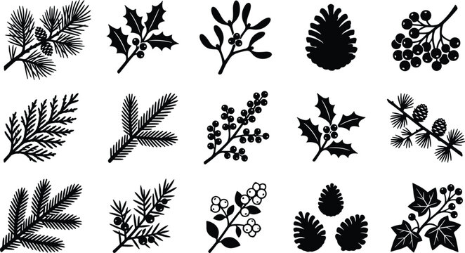 Christmas botanical silhouettes vector set with solid black winter holly mistletoe pinecone cedar berry branch and evergreen leaf shapes