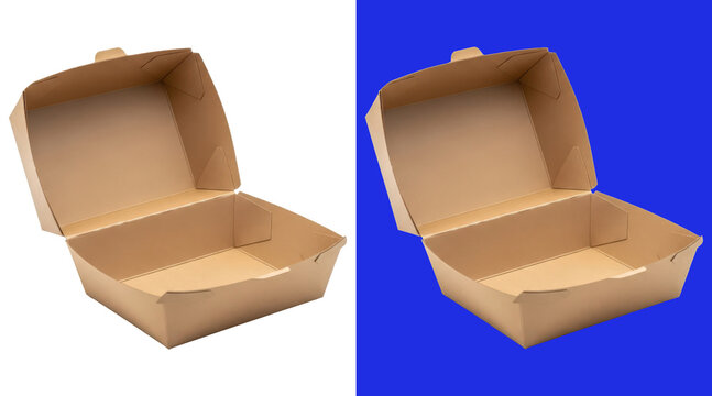An open empty brown cardboard food container with a hinged lid, commonly used for takeout meals, isolated on a clean white background for isolated on a transparent background