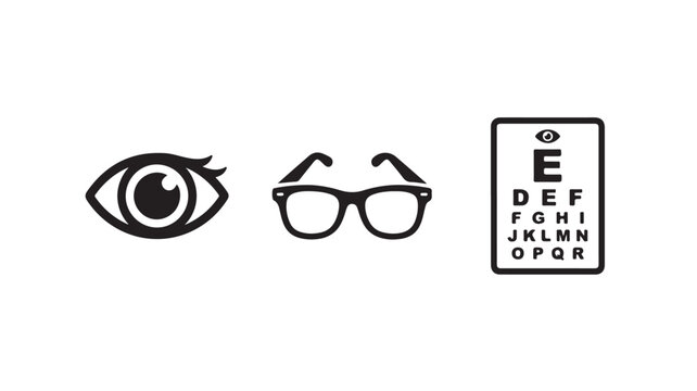Black icons of eye, glasses and optometrist vision test chart on white background for medical and healthcare design