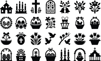 Fototapeta premium Easter holiday set with church candle cross basket flowers and doves in black silhouette