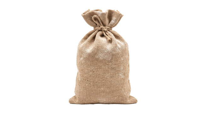 A tied burlap sack filled with something, standing on a white background