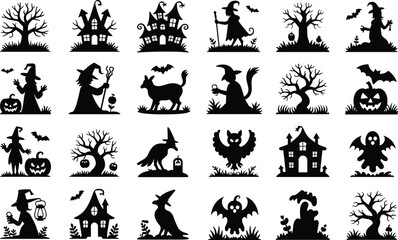 Obraz premium Halloween horror themed icon set featuring creepy trees spooky houses and eerie witches