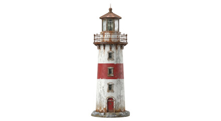 Weathered red and white lighthouse with rusty accents stands against a white background © Sapphire