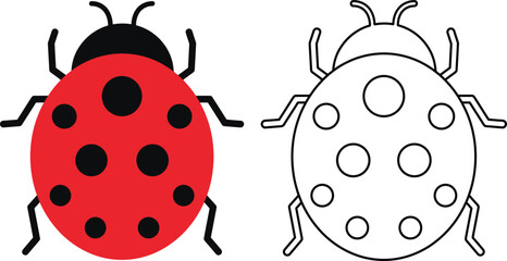 Cute ladybug vector illustration, red spotted beetle, colored and outline insect icon set, cartoon bug coloring page design isolated clipart © MST 