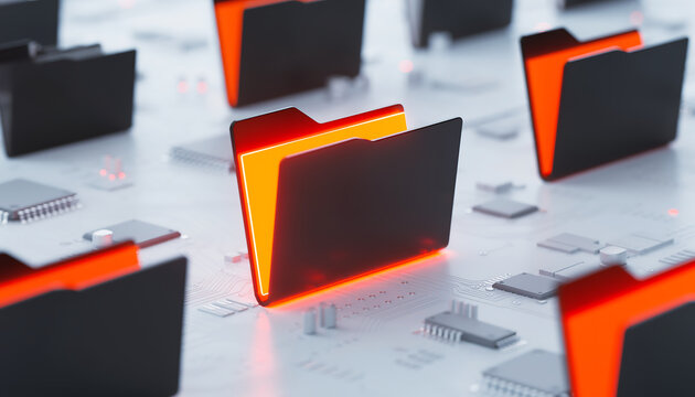 Structured data management concept with glowing orange folder icons on a microchip background.
concept with AI.