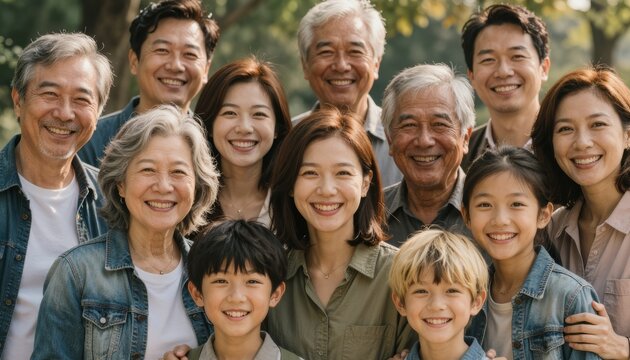 Asian family across ages shares joyful moment in sunlit setting