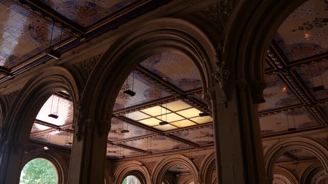 New York City Central Park Bethesda Terrace celling in United States. Arches architecture in NYC Manhattan Midtown, USA. American historic monument near fountain
