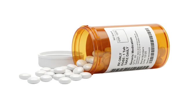 Generic medication spilling from an orange prescription bottle onto a white surface