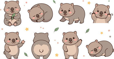Cute cartoon wombat vector character collection with isolated australian animal poses set for nursery decor children illustration greeting cards sticker design © Mdjony