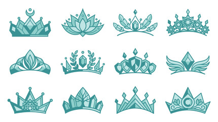 Twelve teal vector tiara and crown icons featuring feminine luxury motifs including lotus flowers, laurel leaves, crystals, feathers, wings, and geometric gemstone patterns. © ROUDLOTUTTHULLAB