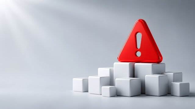Risk assessment warning alert concept featuring shiny red exclamation triangle sign stacked on white geometric cubes