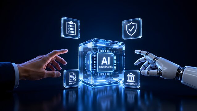AI governance and ethical compliance regulation showing human and robot hands pointing to artificial intelligence policy cube