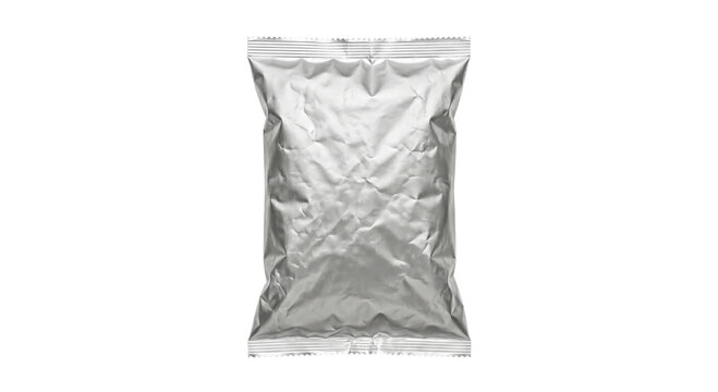 Blank silver foil pouch packaging on a white background, ready for product placement