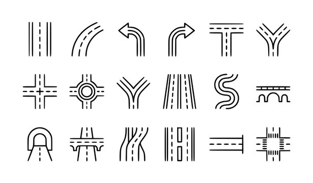 Road and roadway thin line icon set editable vector