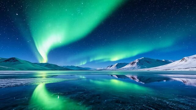 Northern lights over snowy mountains