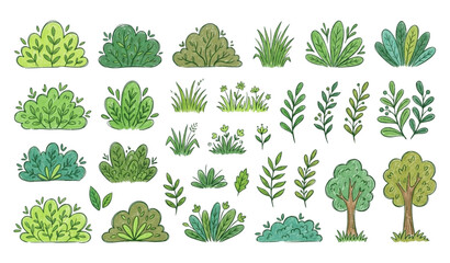 Green Doodle Bushes Grass and Foliage Vector Illustration Bundle © Mehedi