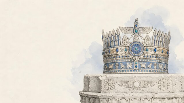Ornate Royal Crown on Stone Pedestal Luxury Babylonian Line Art Background Banner