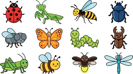 Cute insect vector illustration set with cartoon bug characters including butterfly ladybug honeybee caterpillar grasshopper dragonfly mantis and beetle icons © Mdjony