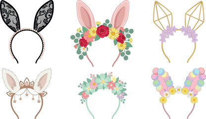Cute easter bunny ears headbands vector collection with isolated floral flower crowns lace geometric tiara icons set for party costume © Mdjony
