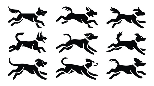 Dog running animation frame cycle sequence black silhouette icon set