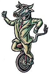 bull in a suit riding a unicycle, showing unstable market patterns © Lisa Haney