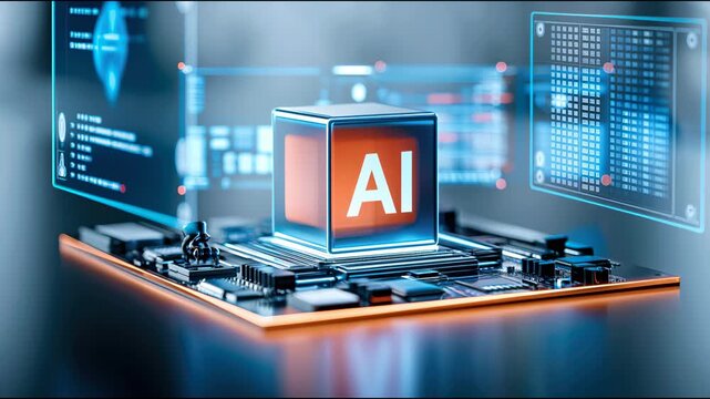 AI chip concept cube glowing circuit board with holographic display and data visualization interface, processor technology scene conveying innovation