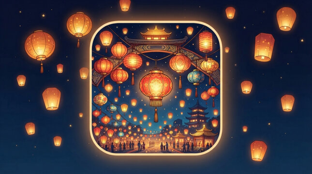 Glowing lanterns, floating lights, night festival, colorful balloons, lantern release