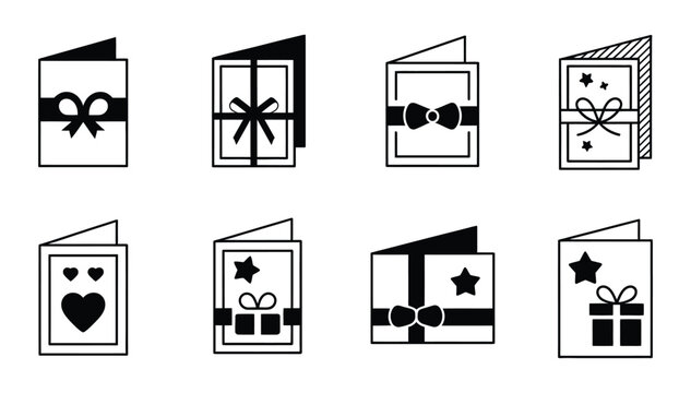 Greeting card gift invitation black line icon set vector design
