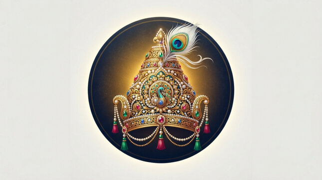 Indian temple, golden crown, peacock feather, ornate vector icon