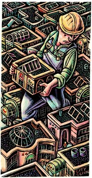 giant construction worker holding building looks for a place in a cityscape to put it