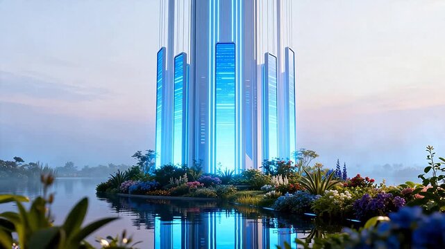 Futuristic glowing towers by water