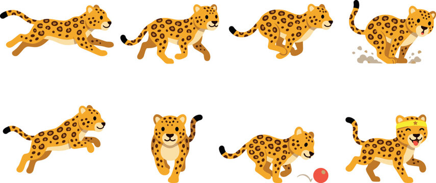 Cute leopard vector illustration set with cartoon cheetah cub characters showing various dynamic actions like running jumping and playing ball