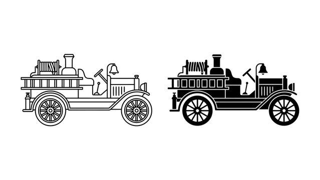 Vintage Fire Truck Icon: Two stylized illustrations, one in black and white outline and the other in solid black, depict an antique fire engine, showcasing its historical design and classic appeal.