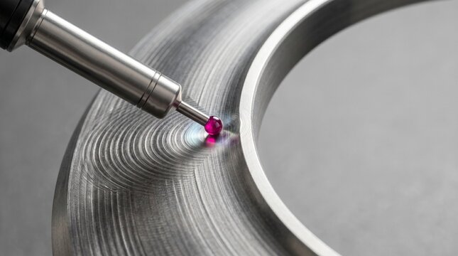 Punta de una sonda de palpado de una m&aacute;quina CMM tocando una superficie met&aacute;lica
