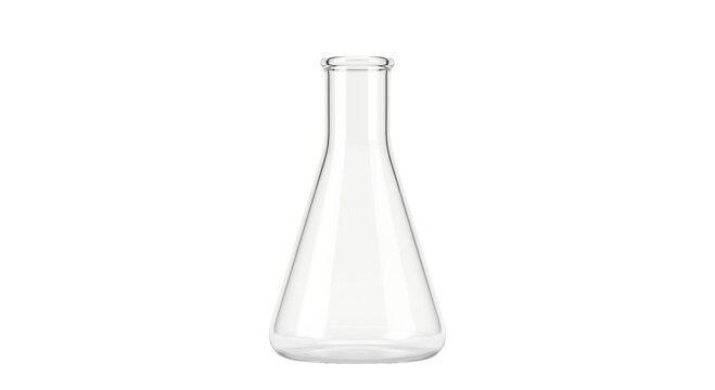 Clear glass Erlenmeyer flask isolated on a white background for laboratory use