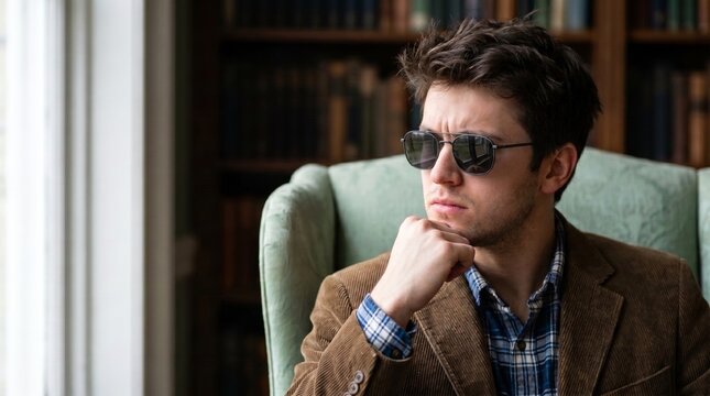 Hombre pensativo con gafas sentado en un sofa