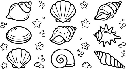 Cute sea shells and smiling starfish line art vector element set featuring cartoon clams, scallops, and marine snails for kids coloring pages isolated on white background. © Mdjony