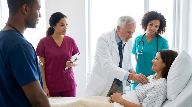 Medical team examining a patient during ward round