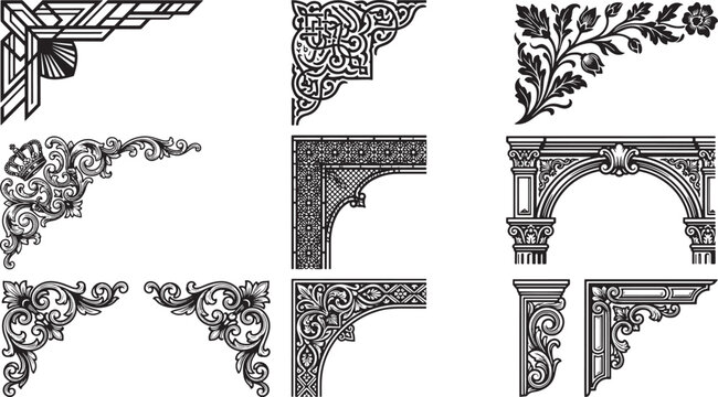 Vintage ornamental corner border architectural icon set