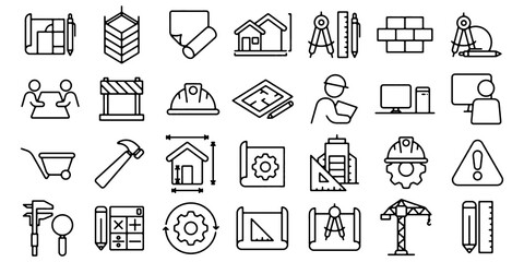 Fototapeta premium Architecture Thin Line Icon Set Includes Building, House, Construction and Architectural Design Symbols Editable Stroke Vector Illustration.