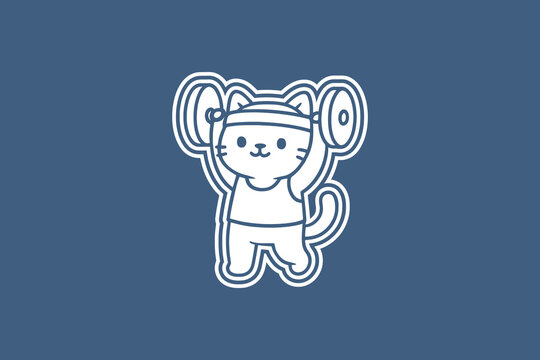 Cute cartoon cat wearing a sweatband while lifting heavy weights with both hands in a simple flat vector line art
