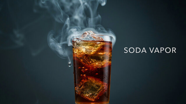 Glass of cola soda with ice cubes and rising vapor on dark background