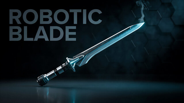 Robotic blade with glowing blue light on metallic surface in dark room with honeycomb pattern wall