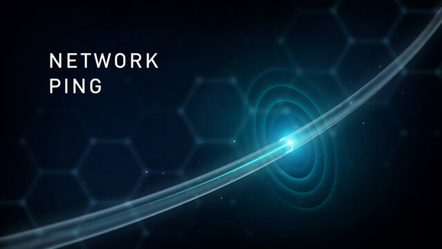 Glowing blue light beam with swirling patterns and hexagons on dark background with network ping text