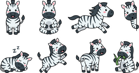 Cute zebra vector illustration set with cartoon safari animal characters showing various activities like running sleeping jumping and eating grass © Mdjony