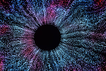 Abstract futuristic background featuring a central black circle surrounded by a burst of glowing blue and purple particles, resembling a digital iris, cosmic black hole, or data visualization. © alones