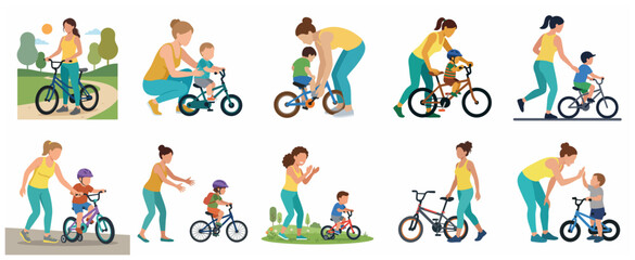 Fototapeta premium Vector illustration set of a mother teaching her child to ride a bicycle in the park, representing family bonding and childhood development.
