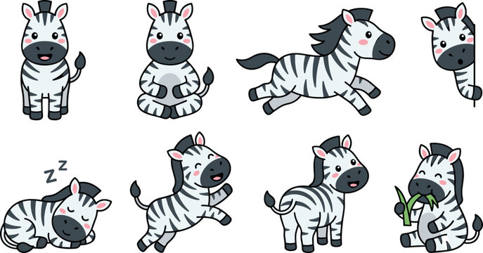 Cute zebra vector illustration set with cartoon safari animal characters showing various activities like running sleeping jumping and eating grass